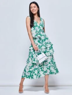 Della Crepe Frill Hem Maxi Dress, Green Floral