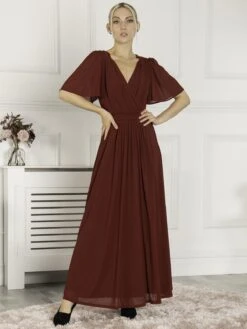 Flute Sleeve Mesh Maxi Dress, Burgundy