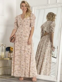 Puffy Sleeved Maxi Dress, Pink Floral -Miha Dresses Shop BR 9021 PinkFloral 1
