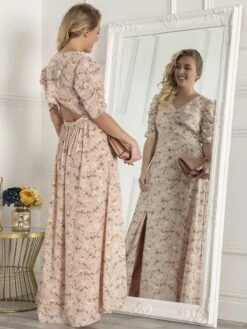 Puffy Sleeved Maxi Dress, Pink Floral -Miha Dresses Shop BR 9021 PinkFloral 2
