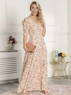 Puffy Sleeved Maxi Dress, Pink Floral -Miha Dresses Shop BR 9021 PinkFloral 4