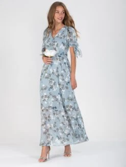 Puff Sleeve Chiffon Maxi Dress, Blue Floral 12 Puff Sleeve Chiffon Maxi Dress, Blue Floral -Miha Dresses Shop BR 9126FLORAL