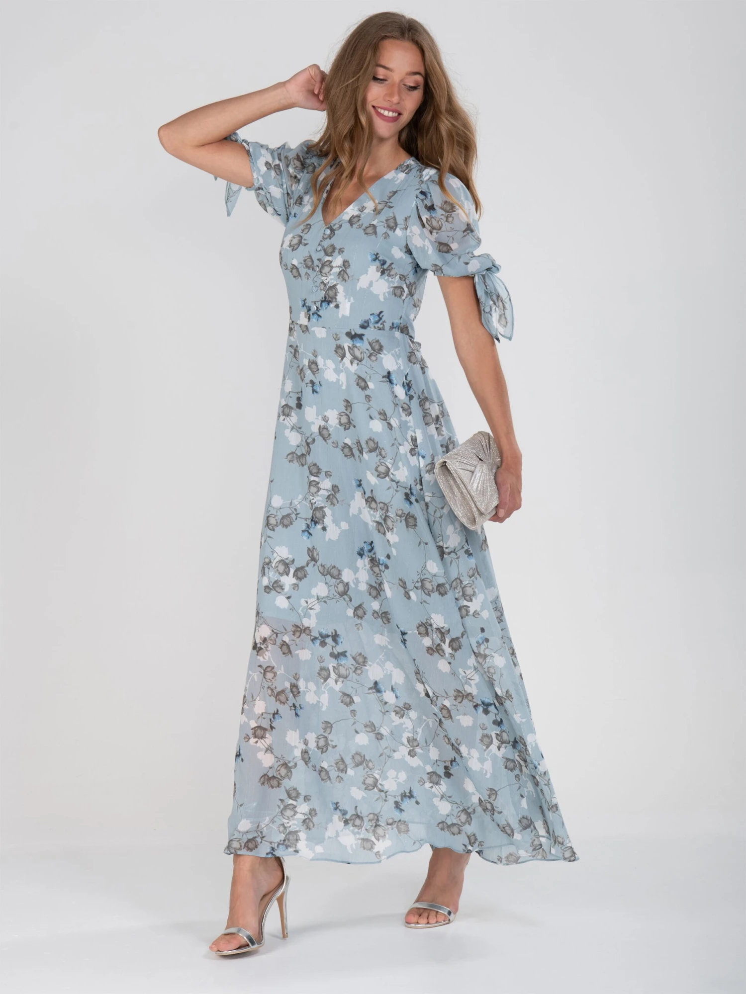 Puff Sleeve Chiffon Maxi Dress, Blue Floral 4 Puff Sleeve Chiffon Maxi Dress, Blue Floral - Image 2