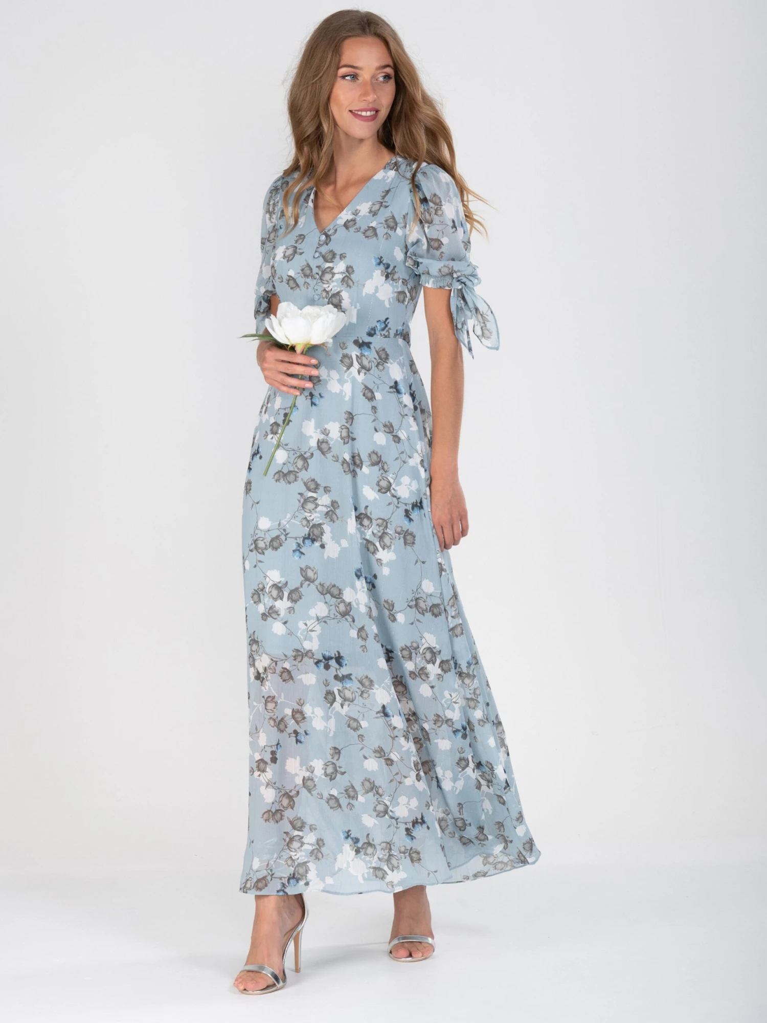 Puff Sleeve Chiffon Maxi Dress, Blue Floral 6 Puff Sleeve Chiffon Maxi Dress, Blue Floral - Image 4