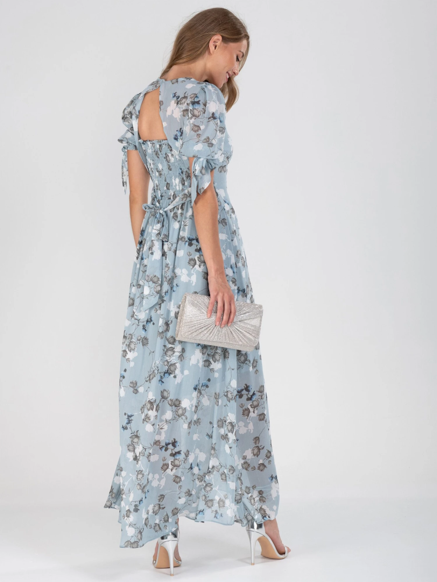 Puff Sleeve Chiffon Maxi Dress, Blue Floral 5 Puff Sleeve Chiffon Maxi Dress, Blue Floral - Image 3