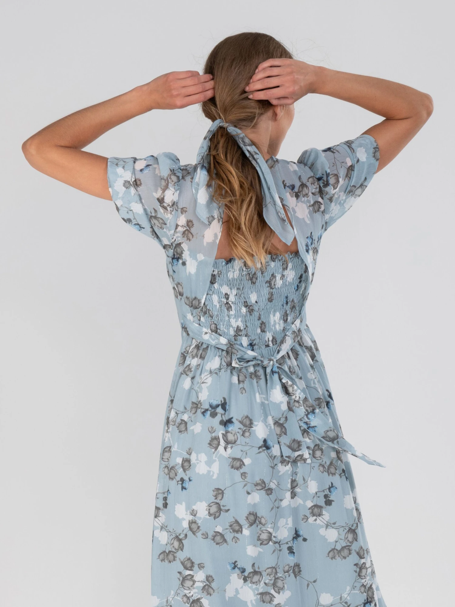 Puff Sleeve Chiffon Maxi Dress, Blue Floral 8 Puff Sleeve Chiffon Maxi Dress, Blue Floral - Image 6