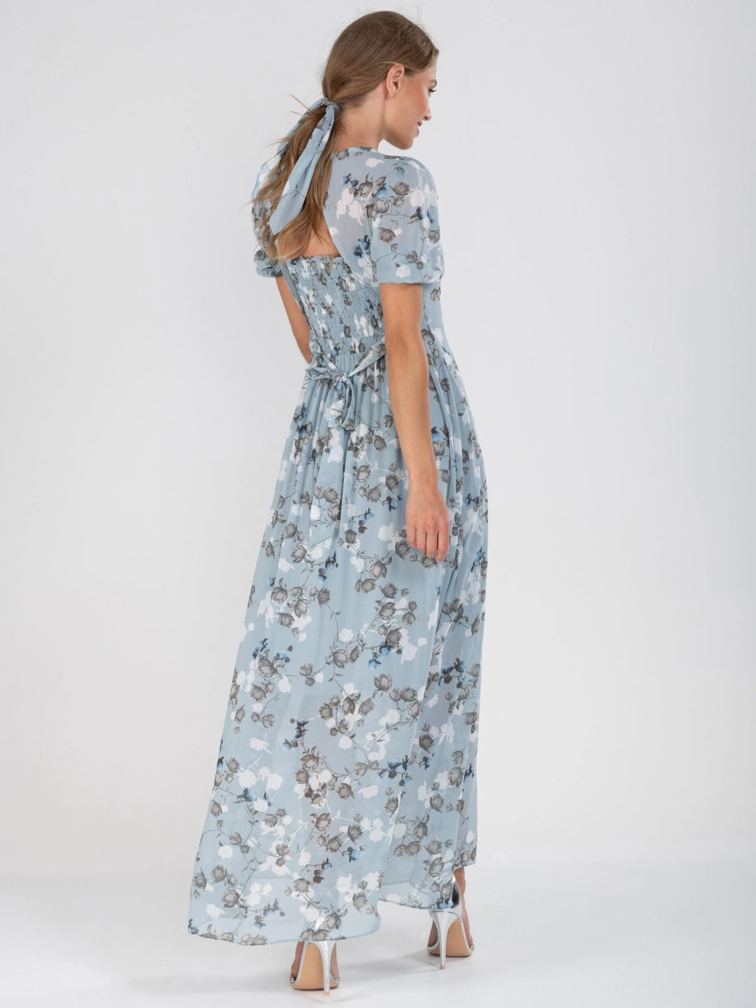 Puff Sleeve Chiffon Maxi Dress, Blue Floral 7 Puff Sleeve Chiffon Maxi Dress, Blue Floral - Image 5