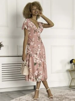 Jolie Moi Bellona Fit & Flare Mesh Dress, Coral Pink -Miha Dresses Shop BW 9128 CoralPink 3