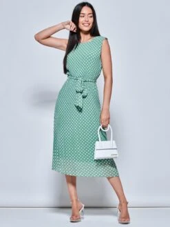 Hayes Pleated Chiffon Midi Dress, Green Polka -Miha Dresses Shop CF106116 GreenPolka 1