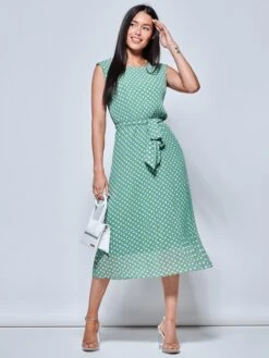 Hayes Pleated Chiffon Midi Dress, Green Polka -Miha Dresses Shop CF106116 GreenPolka 5