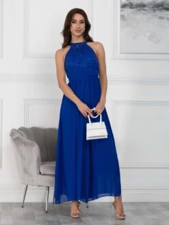 Halter Neck Lace Maxi Bridesmaid Dress, Royal Blue -Miha Dresses Shop CUR 9107 RoyalBlue 1