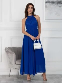 Halter Neck Lace Maxi Bridesmaid Dress, Royal Blue
