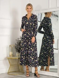 Jolie Moi Dora Floral Maxi Shirt Dress, Navy Floral