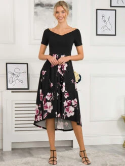 Vianna Contrast 2in1 Midi Dress, Black Floral -Miha Dresses Shop D395 129 BlackFloral 3