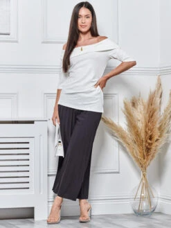 3/4 Sleeve Bardot Neck Top, White