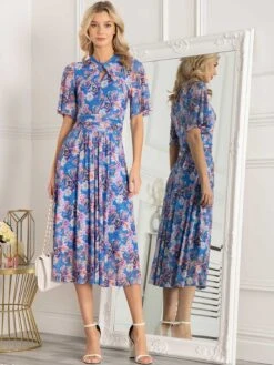 Jolie Moi Danika Keyhole Neck Mesh Dress, Royal Multi -Miha Dresses Shop DL 2389 RoyalMulti 1