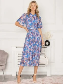 Jolie Moi Danika Keyhole Neck Mesh Dress, Royal Multi -Miha Dresses Shop DL 2389 RoyalMulti 3