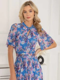 Jolie Moi Danika Keyhole Neck Mesh Dress, Royal Multi -Miha Dresses Shop DL 2389 RoyalMulti 5