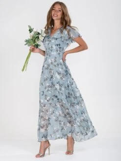Flare Sleeve Chiffon Maxi Dress, Grey Floral -Miha Dresses Shop DSC 7415