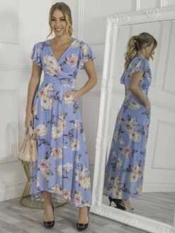 Jolie Moi Eliza Dip Hem Mesh Maxi Dress, Blue Floral -Miha Dresses Shop E 13312BlueFloral 5