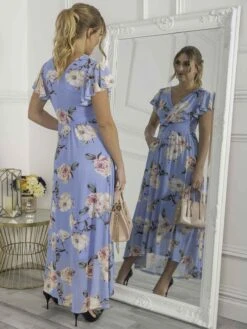 Jolie Moi Eliza Dip Hem Mesh Maxi Dress, Blue Floral -Miha Dresses Shop E 13312BlueFloral 6