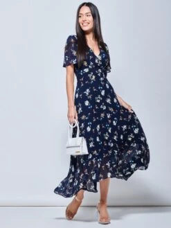 Pleated Chiffon High Low Maxi Dress, Navy Floral -Miha Dresses Shop F1020927 NavyFloral 1