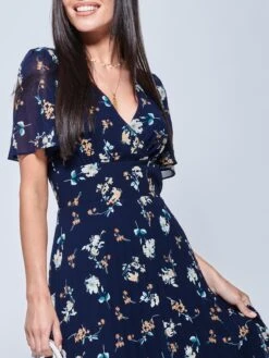 Pleated Chiffon High Low Maxi Dress, Navy Floral -Miha Dresses Shop F1020927 NavyFloral 3