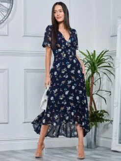 Pleated Chiffon High Low Maxi Dress, Navy Floral -Miha Dresses Shop F1020927 NavyFloral 4