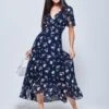 Pleated Chiffon High Low Maxi Dress, Navy Floral -Miha Dresses Shop F1020927 NavyFloral 5