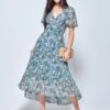 Pleated Chiffon High Low Maxi Dress, Teal Floral -Miha Dresses Shop F1020927 TealFloral 1