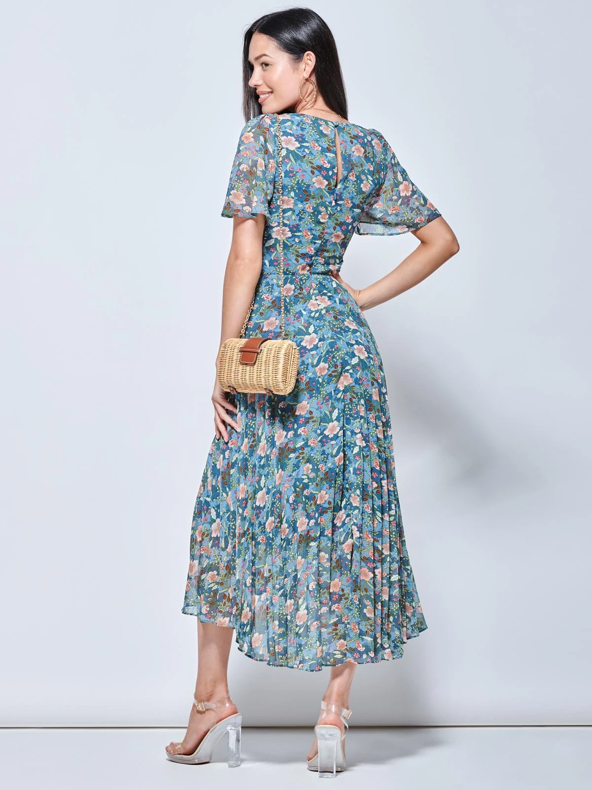 Pleated Chiffon High Low Maxi Dress, Teal Floral 4 Pleated Chiffon High Low Maxi Dress, Teal Floral - Image 2