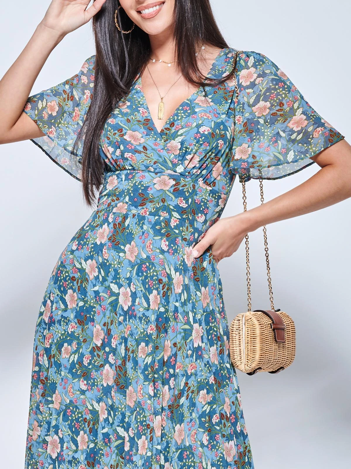 Pleated Chiffon High Low Maxi Dress, Teal Floral 5 Pleated Chiffon High Low Maxi Dress, Teal Floral - Image 3