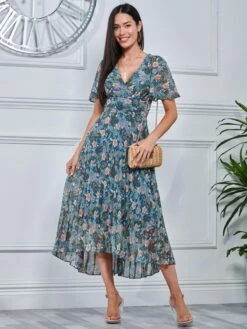 Pleated Chiffon High Low Maxi Dress, Teal Floral 10 Pleated Chiffon High Low Maxi Dress, Teal Floral -Miha Dresses Shop F1020927 TealFloral 4