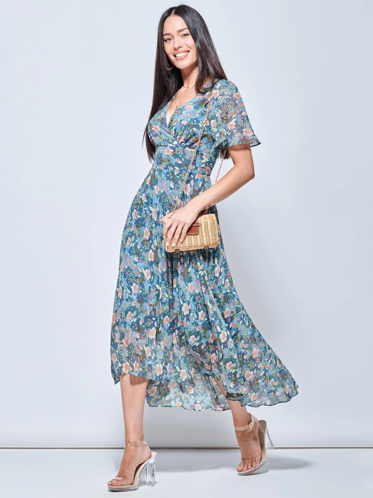 Pleated Chiffon High Low Maxi Dress, Teal Floral 7 Pleated Chiffon High Low Maxi Dress, Teal Floral - Image 5