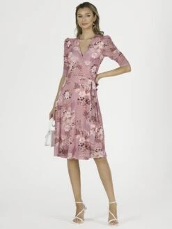Elodea Mesh Ruched Sleeve Wrap Dress, Pink Floral -Miha Dresses Shop F397 106 PinkFloral 1