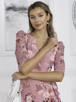 Elodea Mesh Ruched Sleeve Wrap Dress, Pink Floral -Miha Dresses Shop F397 106 PinkFloral 3