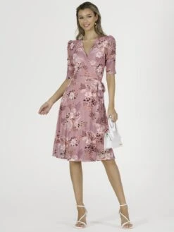 Elodea Mesh Ruched Sleeve Wrap Dress, Pink Floral -Miha Dresses Shop F397 106 PinkFloral 5