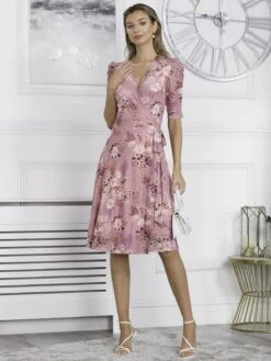 Elodea Mesh Ruched Sleeve Wrap Dress, Pink Floral -Miha Dresses Shop F397 106 PinkFloral 6