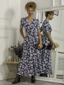 Evita Floral Print Maxi Jersey Dress, Navy White Floral -Miha Dresses Shop F621 137 NavyWhiteFloral 1