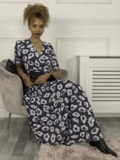 Evita Floral Print Maxi Jersey Dress, Navy White Floral -Miha Dresses Shop F621 137 NavyWhiteFloral 6