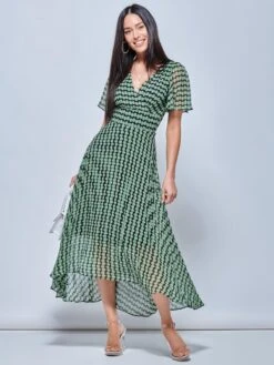 V Neck Pleated Chiffon Maxi Dress, Green Geometric -Miha Dresses Shop G1020927 GreenGeomatric 1