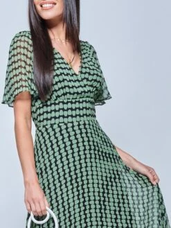 V Neck Pleated Chiffon Maxi Dress, Green Geometric -Miha Dresses Shop G1020927 GreenGeomatric 3