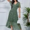 V Neck Pleated Chiffon Maxi Dress, Green Geometric -Miha Dresses Shop G1020927 GreenGeomatric 4