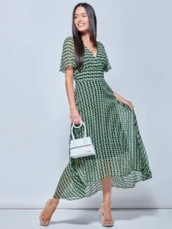 V Neck Pleated Chiffon Maxi Dress, Green Geometric -Miha Dresses Shop G1020927 GreenGeomatric 5