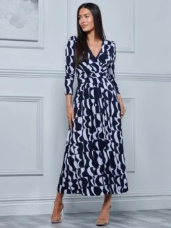 Geometric Print Long Sleeve Maxi Dress, Navy Geo 10 Geometric Print Long Sleeve Maxi Dress, Navy Geo -Miha Dresses Shop G5041331 NavyGeo 1