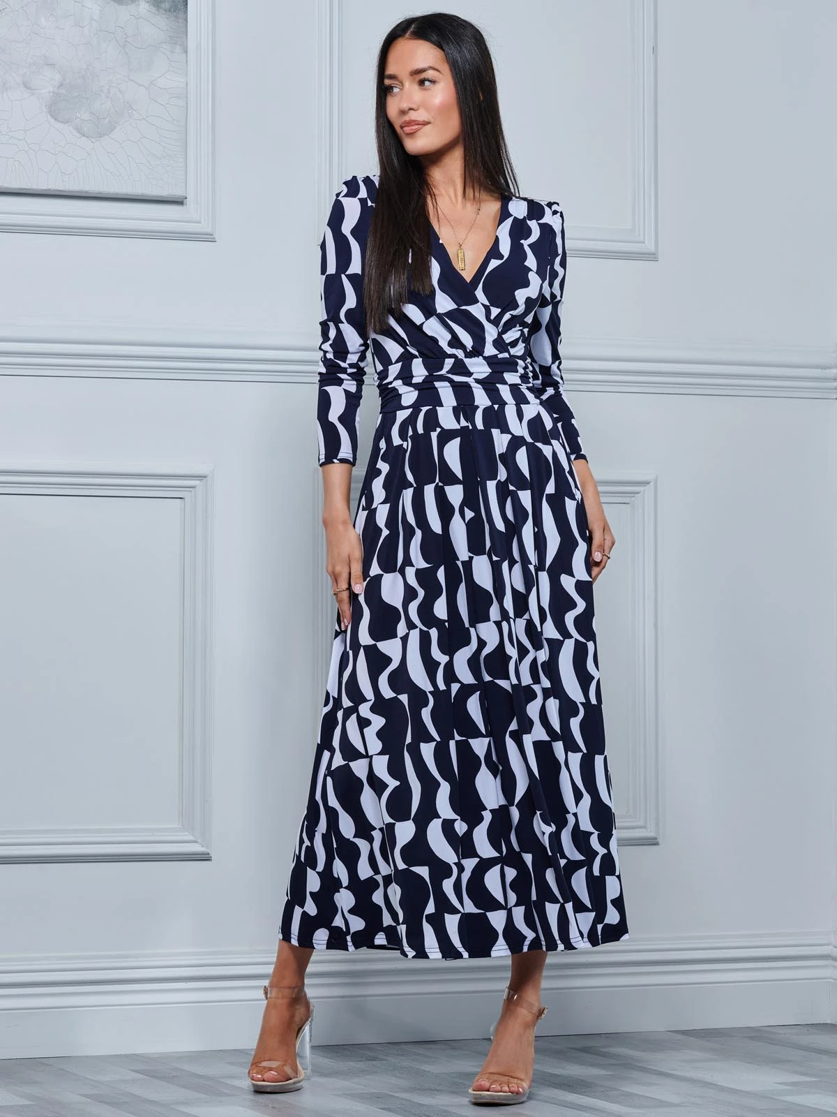 Geometric Print Long Sleeve Maxi Dress, Navy Geo 6 Geometric Print Long Sleeve Maxi Dress, Navy Geo - Image 4