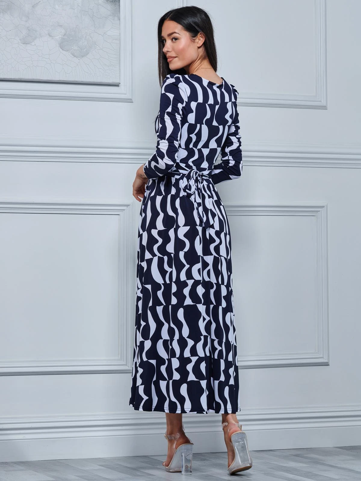Geometric Print Long Sleeve Maxi Dress, Navy Geo 4 Geometric Print Long Sleeve Maxi Dress, Navy Geo - Image 2