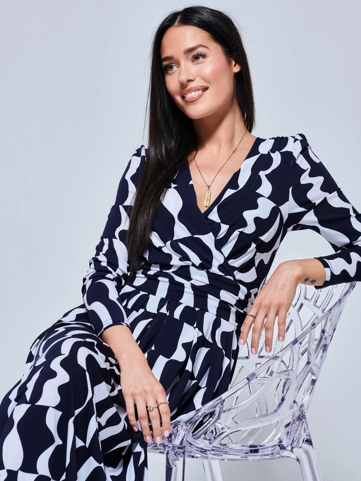 Geometric Print Long Sleeve Maxi Dress, Navy Geo 5 Geometric Print Long Sleeve Maxi Dress, Navy Geo - Image 3