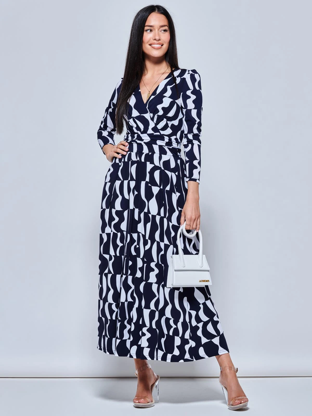 Geometric Print Long Sleeve Maxi Dress, Navy Geo 3 Geometric Print Long Sleeve Maxi Dress, Navy Geo