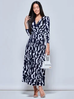 Geometric Print Long Sleeve Maxi Dress, Navy Geo 11 Geometric Print Long Sleeve Maxi Dress, Navy Geo -Miha Dresses Shop G5041331 NavyGeo 5